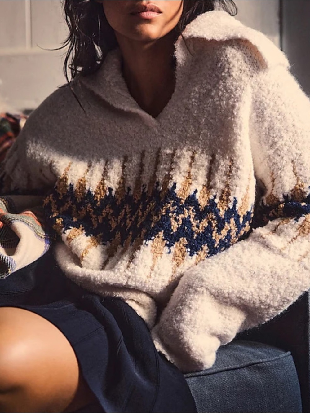 J. CREW Oversized Cozy Fair Isle Johnny Collar Sweater Boucle Size Large